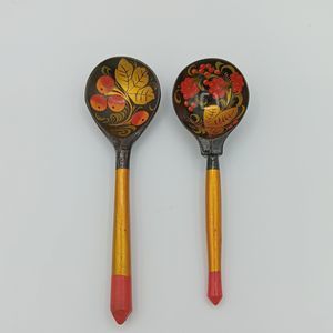 Vintage Khokhloma Russian Wooden Lacquer Hand Painted Spoons